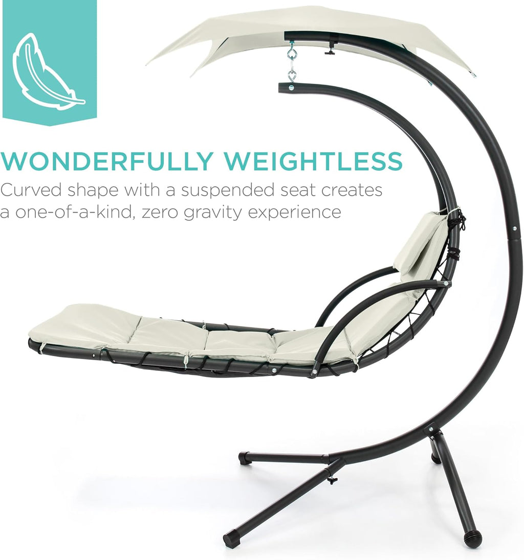 Best Choice Products Outdoor Hanging Curved Steel Chaise Lounge Chair Swing w/Built-in Pillow and Removable Canopy - Charcoal Gray wourant