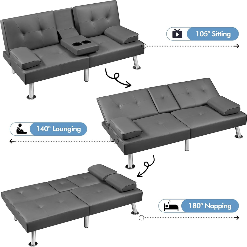 Yaheetech Convertible Sofa Bed Adjustable Couch Sleeper Modern Faux Leather Home Recliner Reversible Loveseat Folding Daybed Guest Bed, Removable Armrests, Cup Holders, 3 Angles, 772lb Capacity, Brown wourant