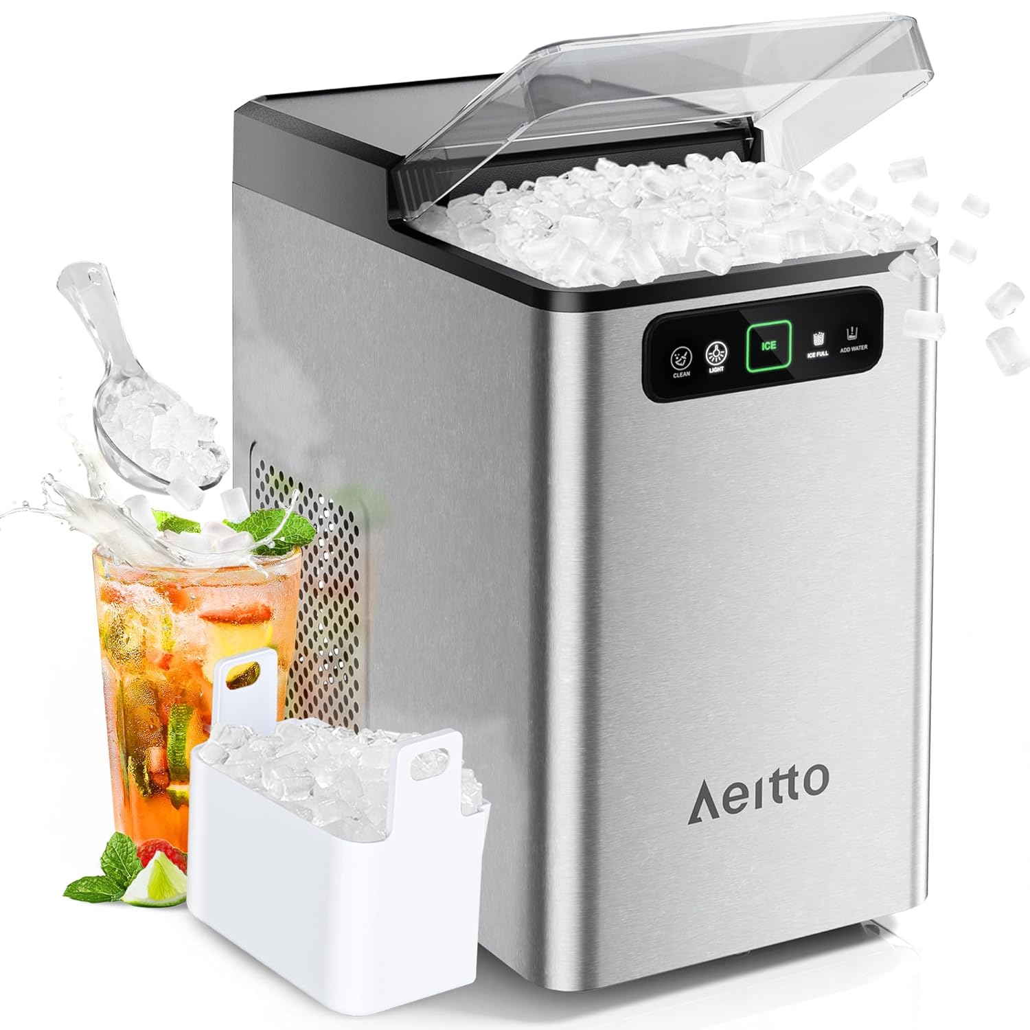 Aeitto Nugget Ice Maker 40Lbs/24H, Countertop Soft Chewable Ice Pebble Ice Machine, One-Click Operation, Auto Self-Cleaning Ice Makers with Scoop&Basket for Home, Office, Kitchen, Party (Grey) woonhhop