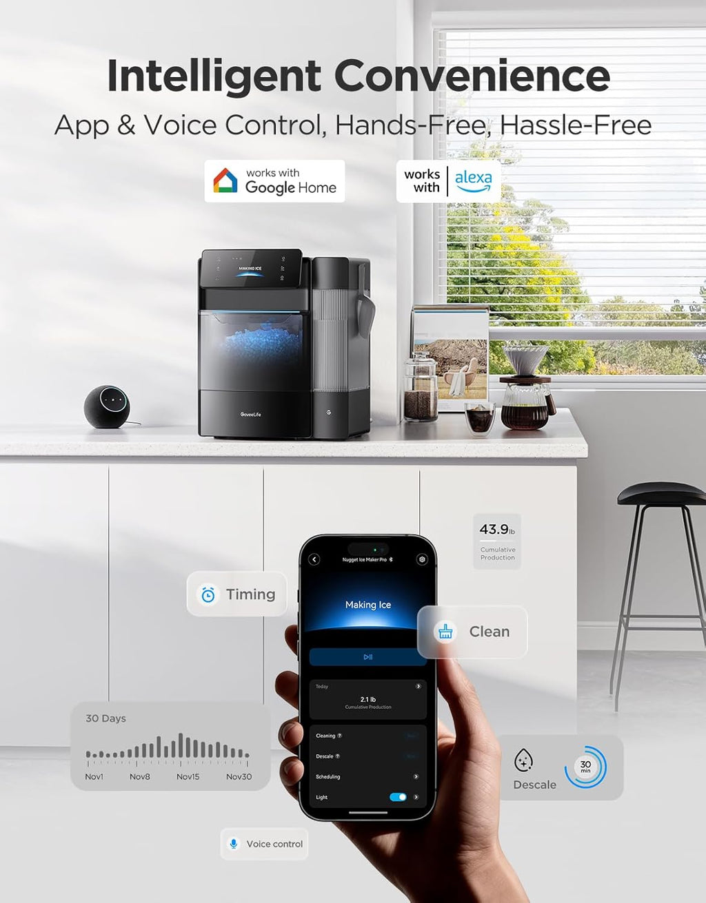 GoveeLife Smart Nugget Ice Maker Pro, 60lbs Daily, 6-Minute First Ice, 40dB Ultra-Quiet with AI NoiseGuard, App & Voice Control, Self-Clean, 3.5lbs Basket & Dual Water Tanks, for Home Kitchen, Party woonhhop