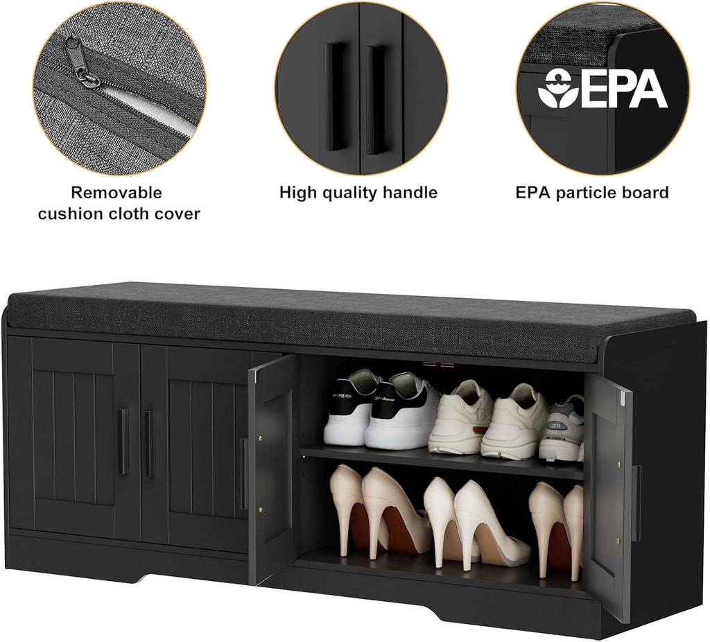 2-Tier Storage Bench, Shoe Bench with Thickened Padded Seat Cushion, Entryway Bench with 4 Doors, Adjustable Shelf, 13.8" D x 45.3" W x 18.5" H, for Entryway, Living Room, Bedroom, White wourant