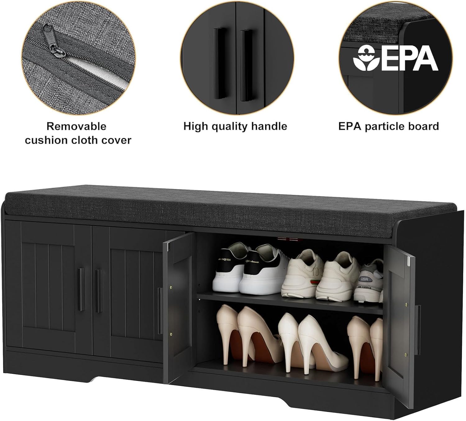 2-Tier Storage Bench, Shoe Bench with Thickened Padded Seat Cushion, Entryway Bench with 4 Doors, Adjustable Shelf, 13.8" D x 45.3" W x 18.5" H, for Entryway, Living Room, Bedroom, White wourant