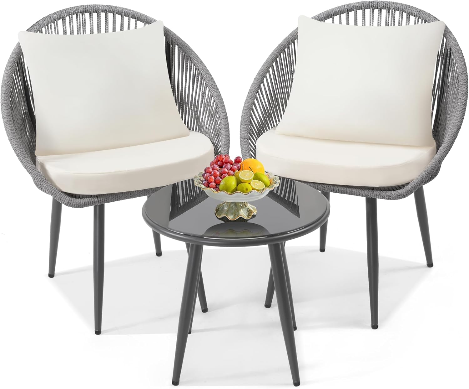 3 Piece Bistro Set, Woven Rope Chair with Cushions, All Weather Patio Conversation Set with Side Table, Ideal for Deck, Balcony, Poolside, Black wourant