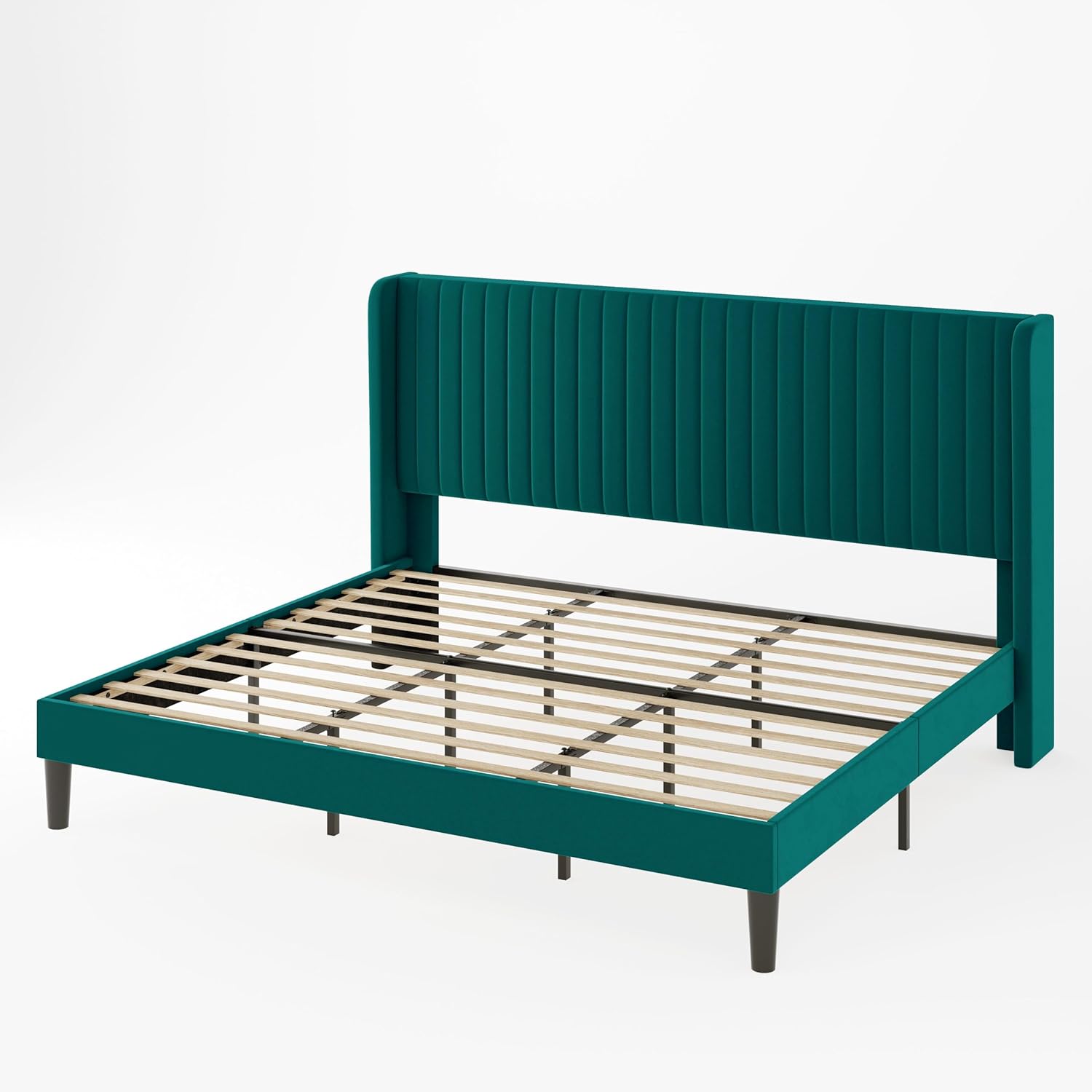 Allewie Full Size Velvet Bed Frame Vertical Channel Tufted Wingback Headboard Upholstered Bed wourant