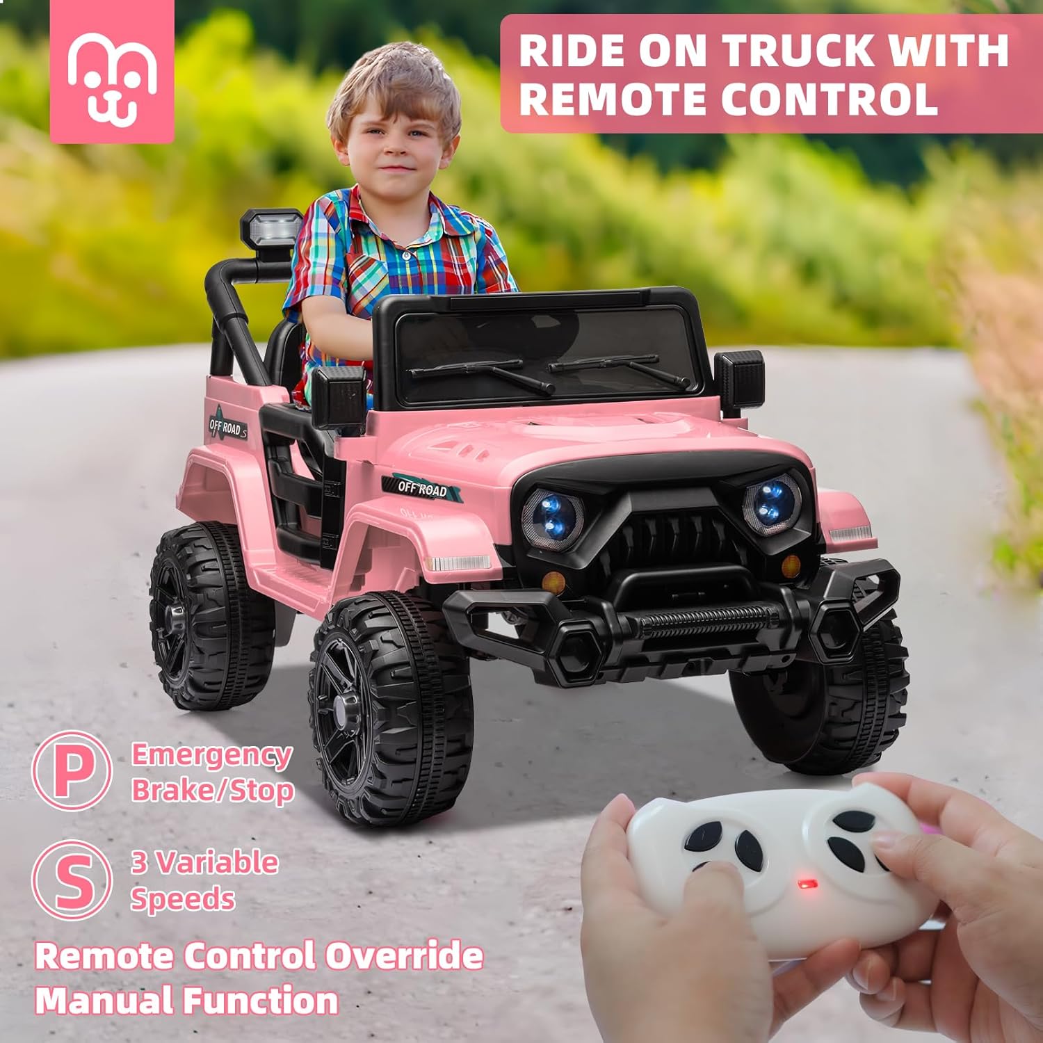 12V Kids Electric Ride on Truck Car Remote Control, Twin 35W Motors 3.5MPH Max Speed, Bluetooth USB Music Player, 4 Wheels Suspension LED Lights Safety Belt, Gift for Boy & Girl-Rosy wourant