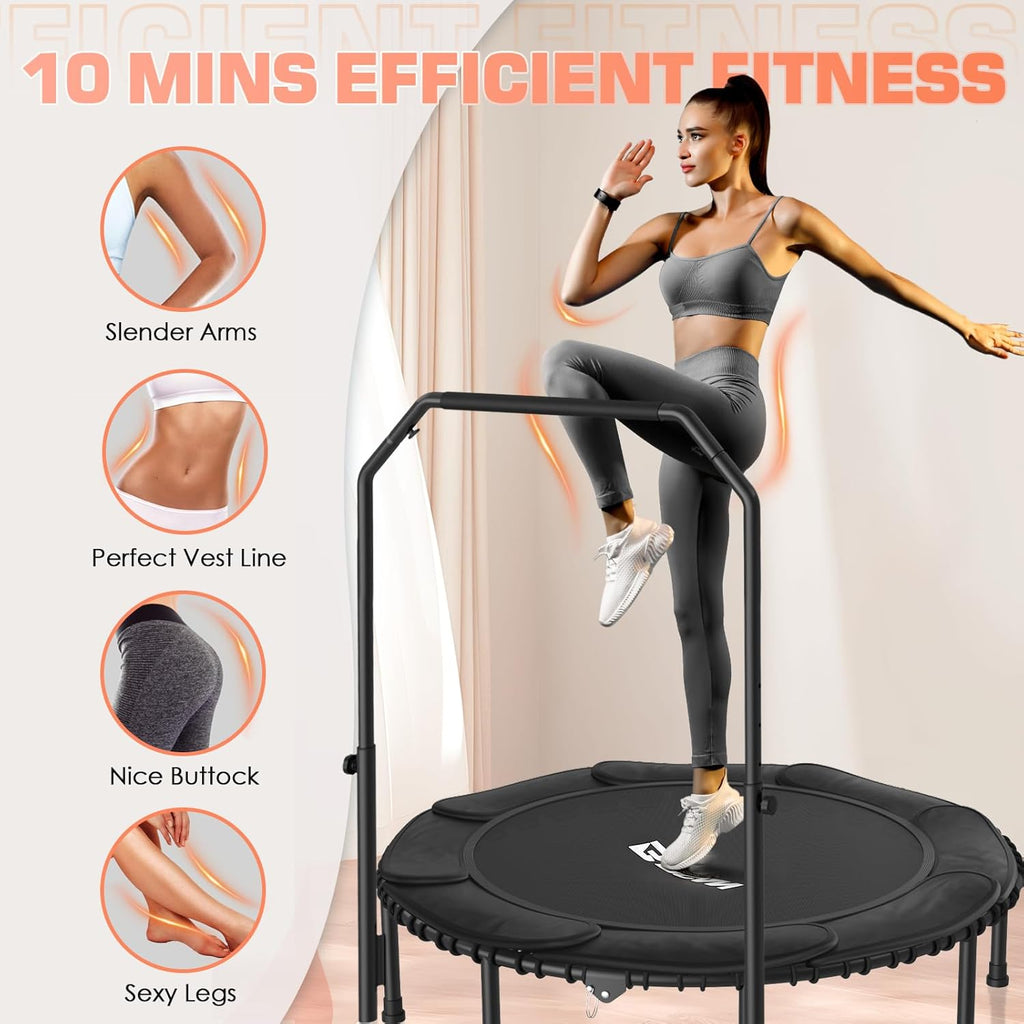 BCAN 450/550 LBS Foldable Mini Trampoline, 40"/48" Fitness Trampoline with Bungees, U Shape Adjustable Foam Handle, Stable & Quiet Exercise Rebounder for Adults Indoor/Outdoor Workout wourant