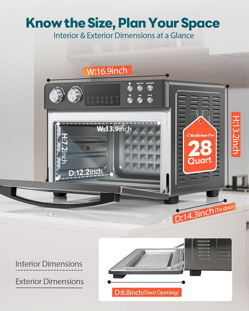 28QT Air Fryer Toaster Oven Combo, Large 12-in-1 Convection Countertop Oven with 3-Layer Cooking, Rotisserie for Chicken, 6 Heating Tubes, Fast Preheat, Fits 11" Pizza, Full Accessories, Sparkle Black wourant