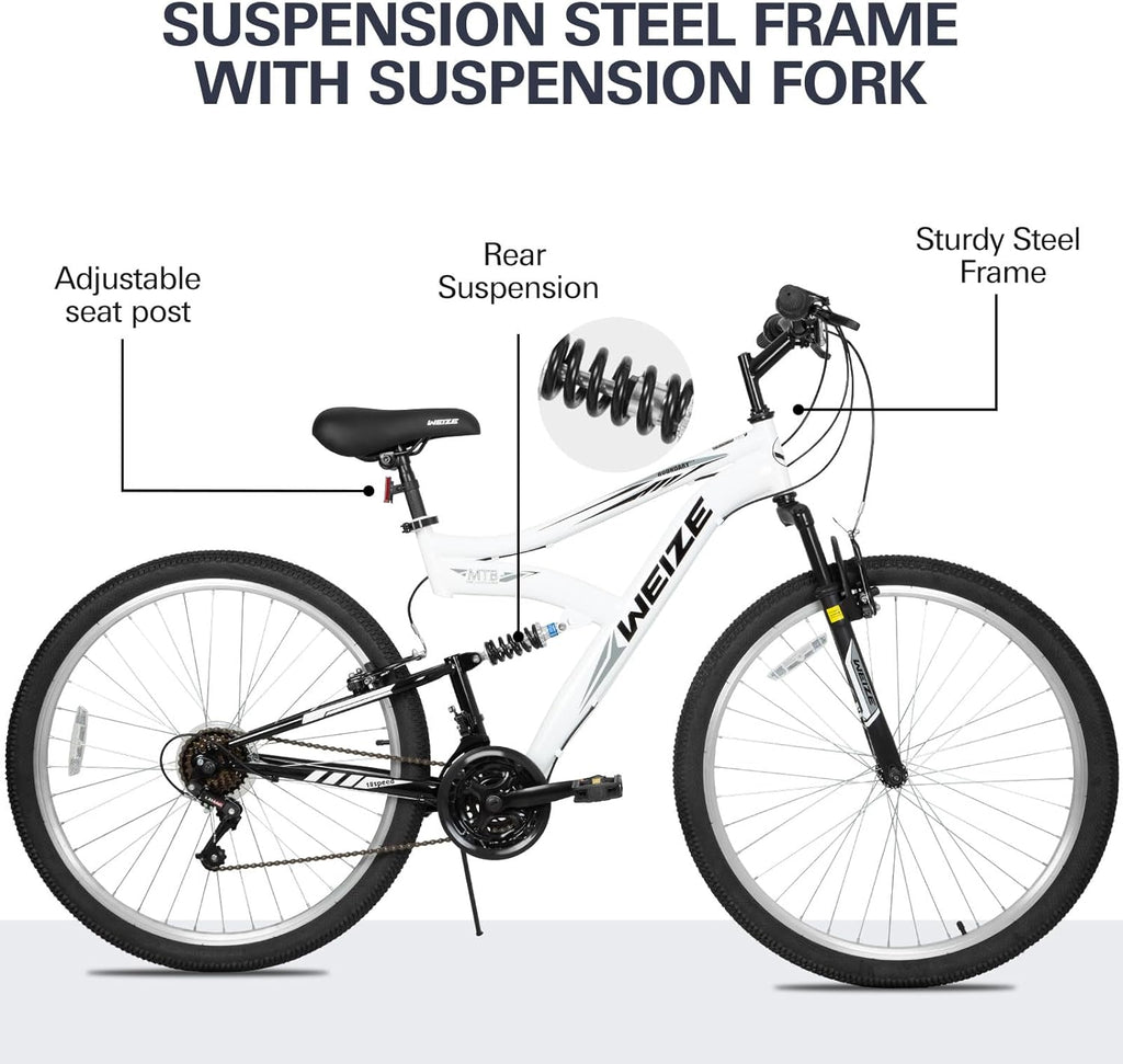 WEIZE Mountain Bike, 26 27.5 inch Outdoor Hybrid Bikes,18-Speed/High-Carbon Steel/Dual Full Suspension, Adjustable Ergonomic Seat for Men Women Adult, MTB Bicycle with Suspension Fork,Sleek Colors wourant