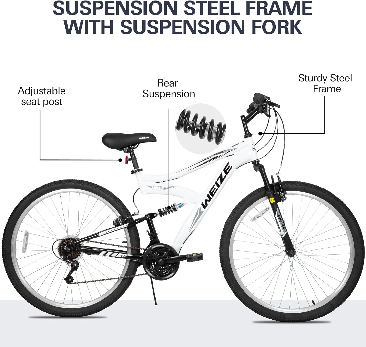 WEIZE Mountain Bike, 26 27.5 inch Outdoor Hybrid Bikes,18-Speed/High-Carbon Steel/Dual Full Suspension, Adjustable Ergonomic Seat for Men Women Adult, MTB Bicycle with Suspension Fork,Sleek Colors wourant