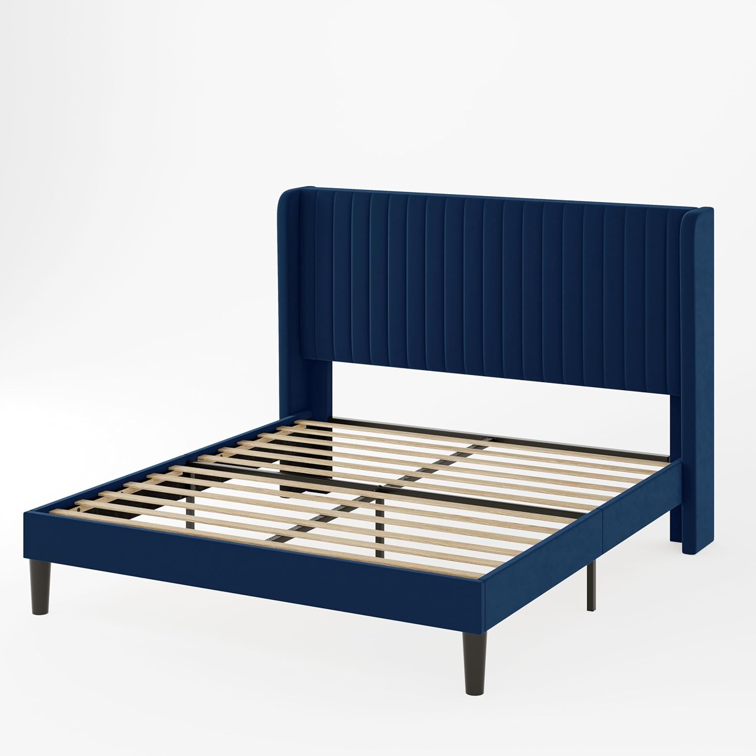 Allewie Full Size Velvet Bed Frame Vertical Channel Tufted Wingback Headboard Upholstered Bed wourant