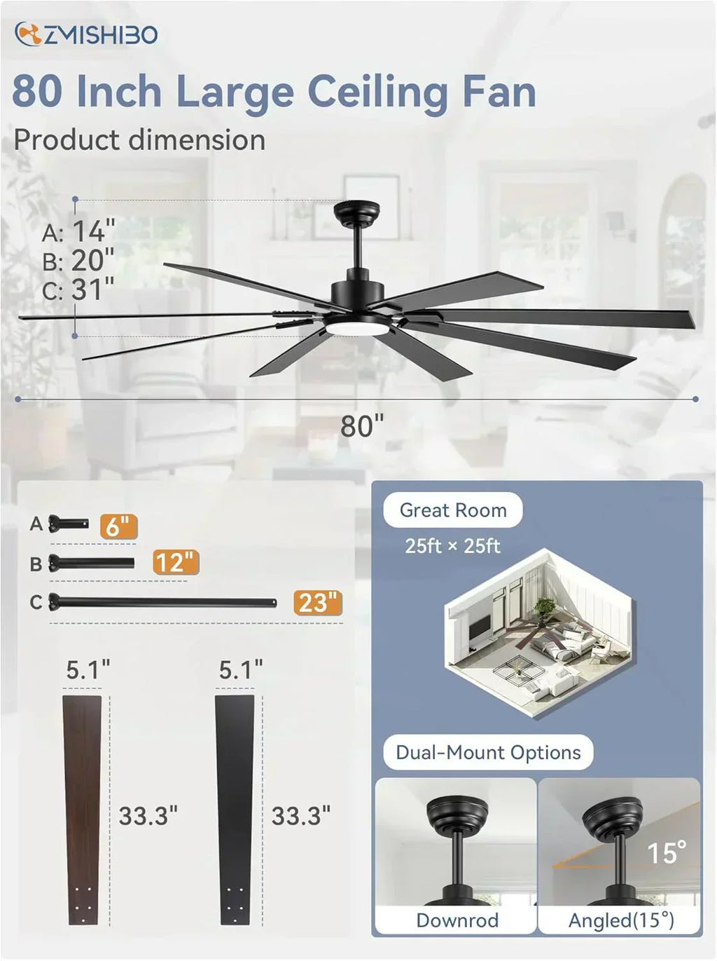 Zmishibo 72-inch large ceiling fan with lighting and remote indoor/outdoor wourant