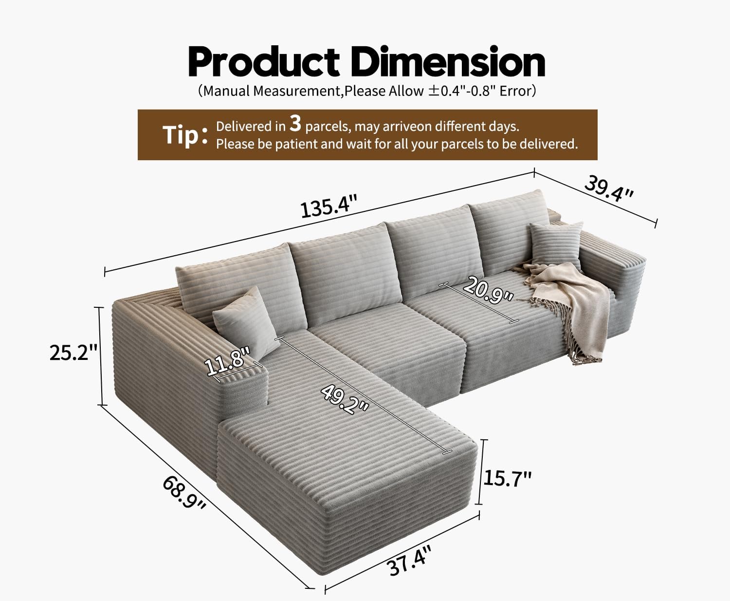 107.5" Cloud Modular Sectional Sofa Couch with L-Shape Chaise,Modern Minimalist Upholstered Couches wourant
