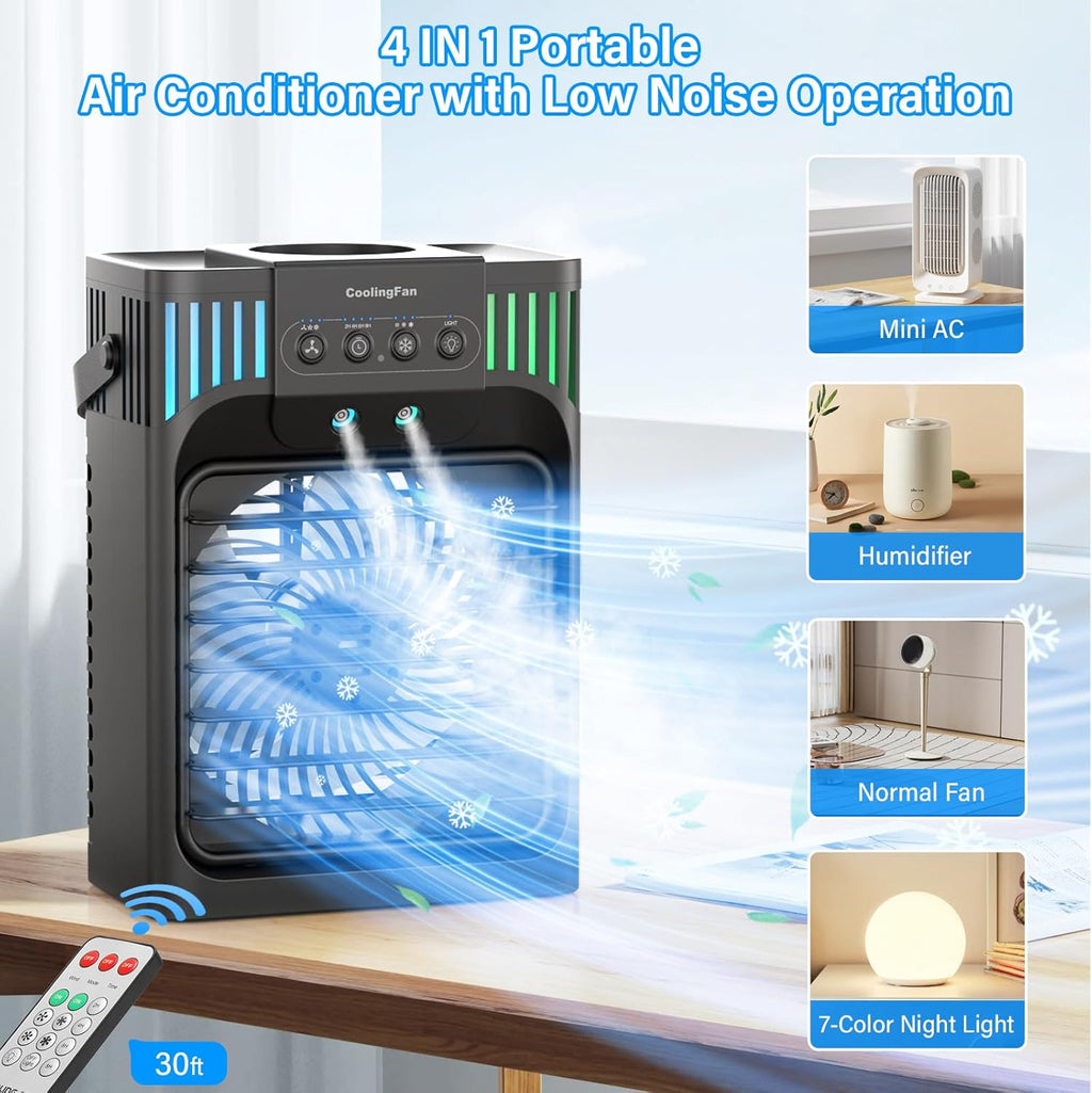 Portable Air Conditioners,4-in-1 Evaporative Air Cooler with 3 Speeds, 3 Modes & 7 LED Light Cooling Fan with Remote, 2-8H Timer, 1200ML Personal Mini Air Conditioner for Bedroom and Office wourant