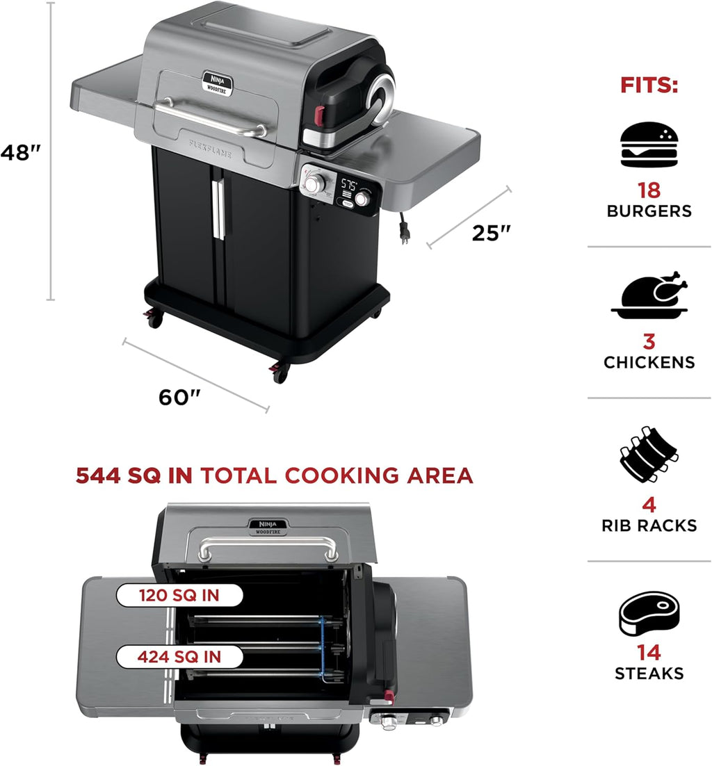 Ninja FlexFlame, Grill and Smoker, Electric and Propane Grill, Roaster, BBQ Grill, 5-in-1 Cooking System, 3 Burner, Digital Control, Outdoor Cooking, Griddle, Pizza Maker, Stainless Steel, PG301 wourant
