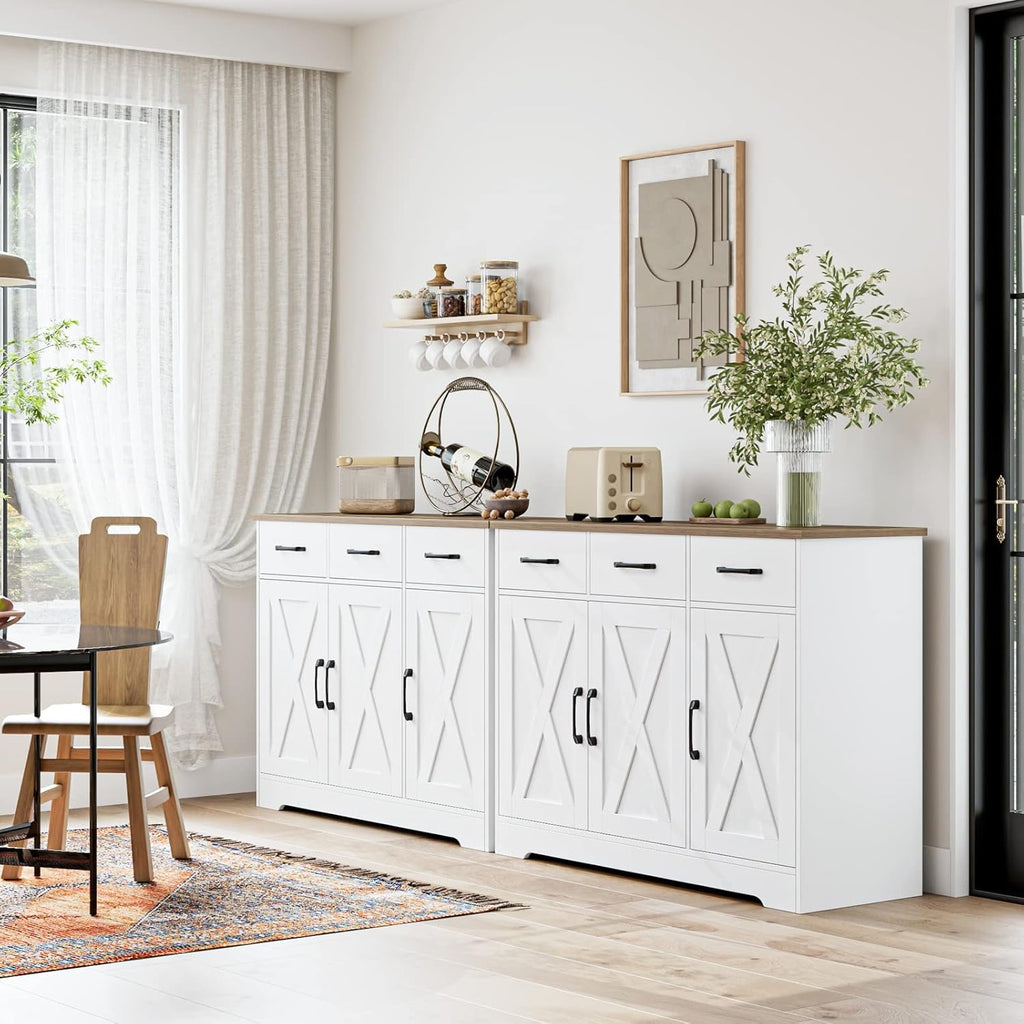 Modern farmhouse sideboard, barn door buffet storage cabinet with drawers and shelves, wooden coffee bar with storage wourant