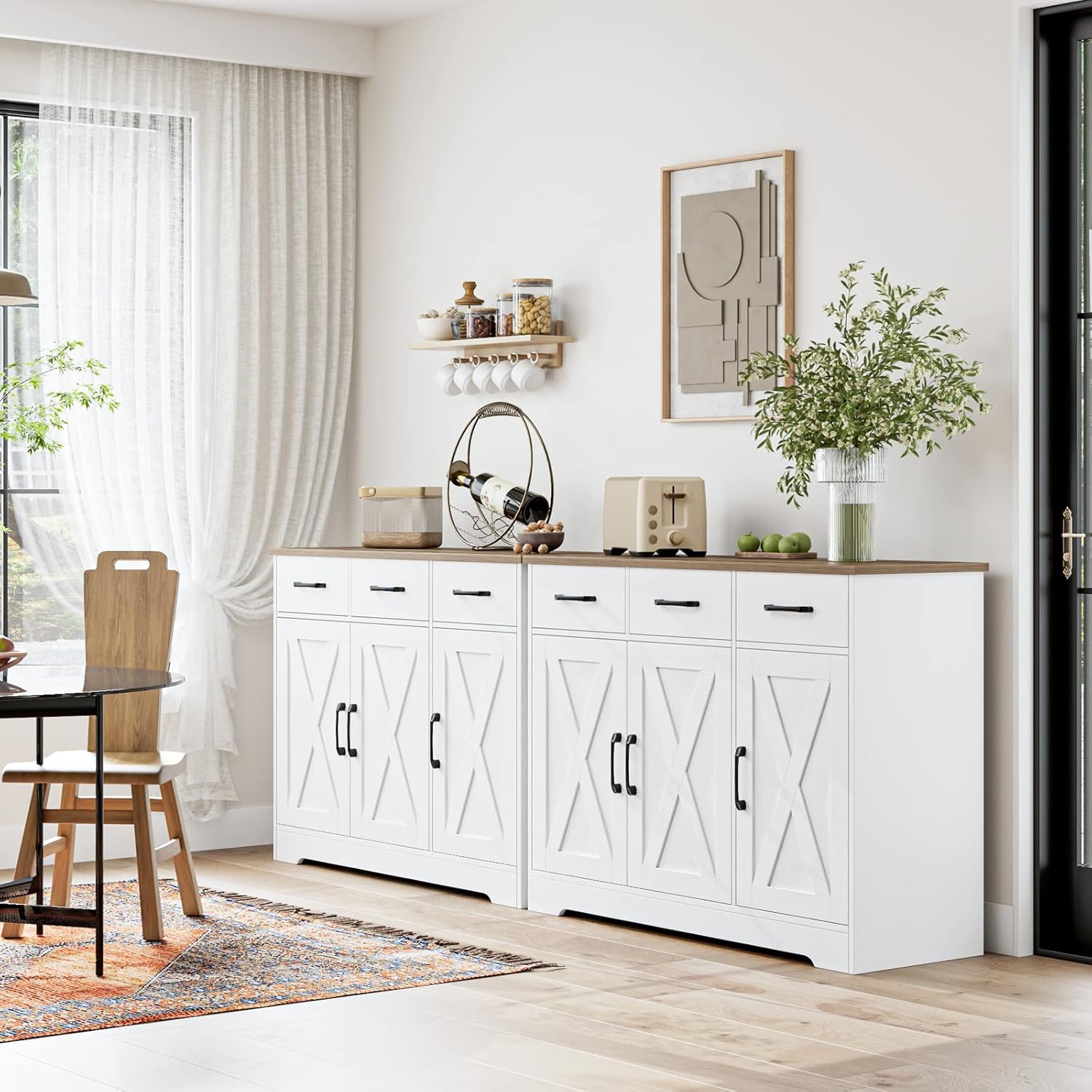 Modern farmhouse sideboard, barn door buffet storage cabinet with drawers and shelves, wooden coffee bar with storage wourant