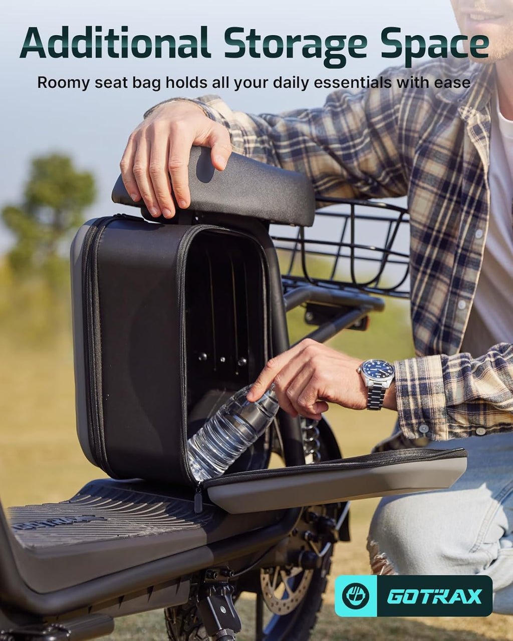 Gotrax adult electric scooter with seat, maximum range of 19-25 miles, all-terrain tires, wide pedals, padded seat, and carrycot wourant