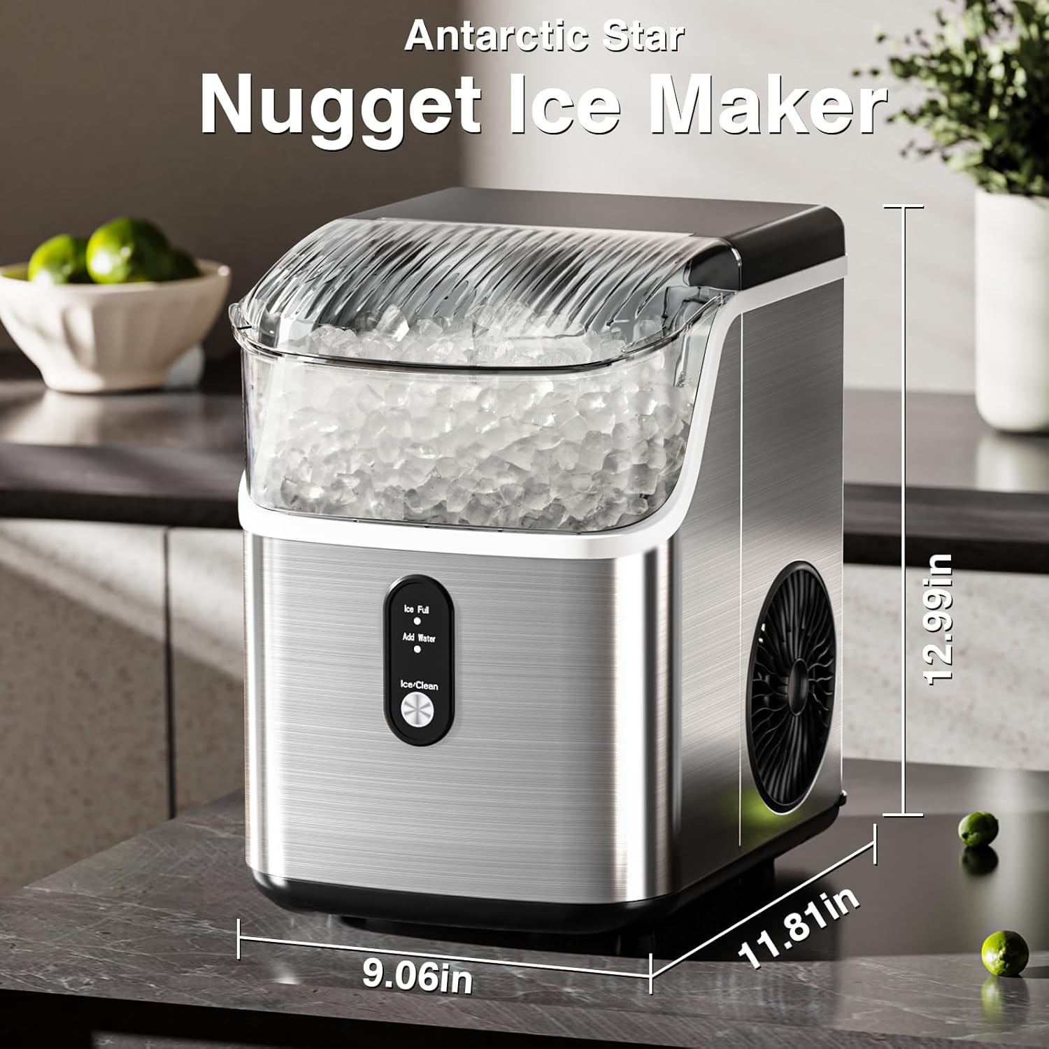 Nugget Ice Makers Countertop, Pebble Ice Machine with Chewable Pellet Ice, 34Lbs/24H, Self-Cleaning, Sonic Ice, One-Click Operation, for Kitchen,Office Stainless Steel Silver wourant