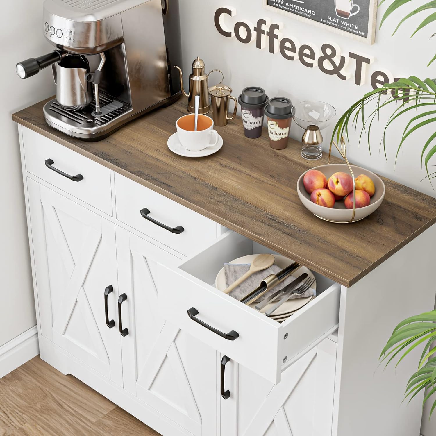 Modern farmhouse sideboard, barn door buffet storage cabinet with drawers and shelves, wooden coffee bar with storage wourant