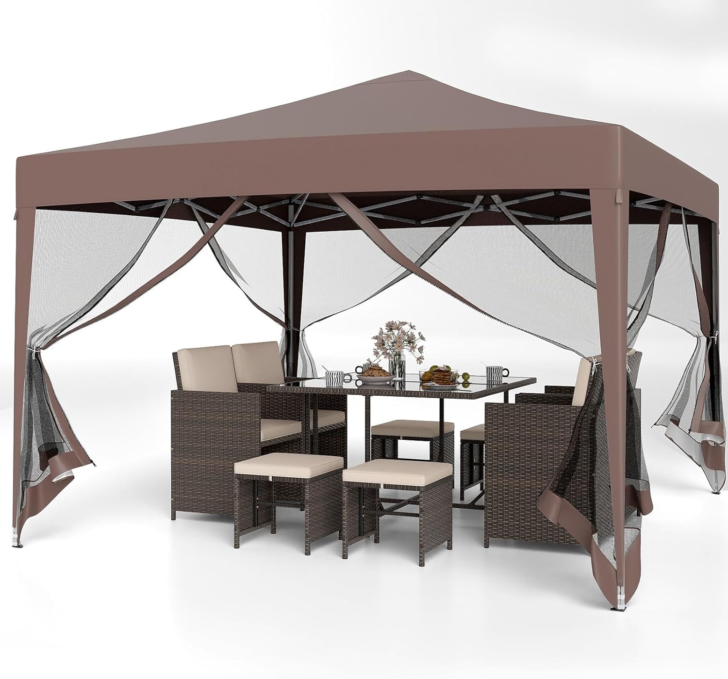 Goplus 10 FT x 10 FT Pop-Up Canopy Tent, Easy Setup Instant Folding Shelter w/Mesh Netting, Carry Bag, 8 Stakes & 4 Ropes, Height Adjustable Sunshade, Commercial Tent for Camping (Coffee) woonhhop