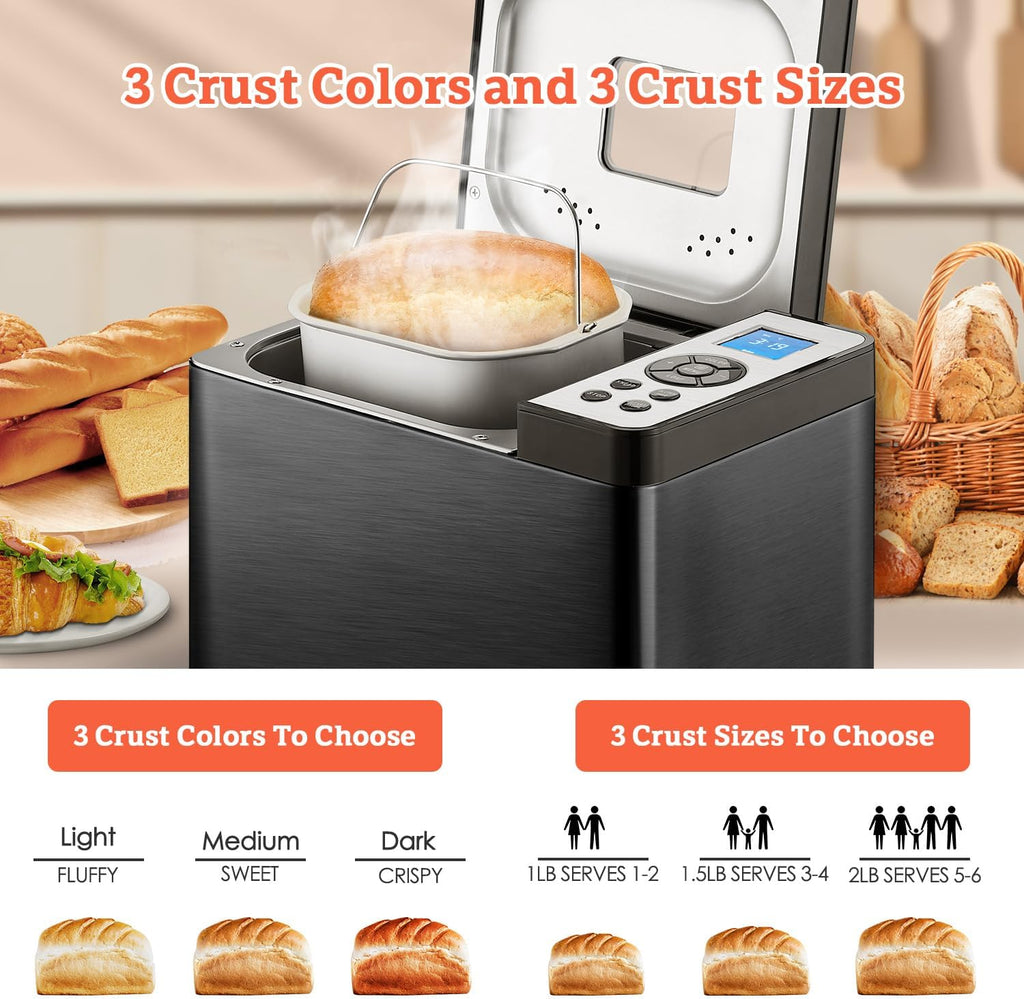 KBS 2LB Bread Maker, 19-in-1 Automatic Stainless Steel Bread Maker with Ceramic Pot, 650W Bread Maker, 3 Loaf Sizes wourant