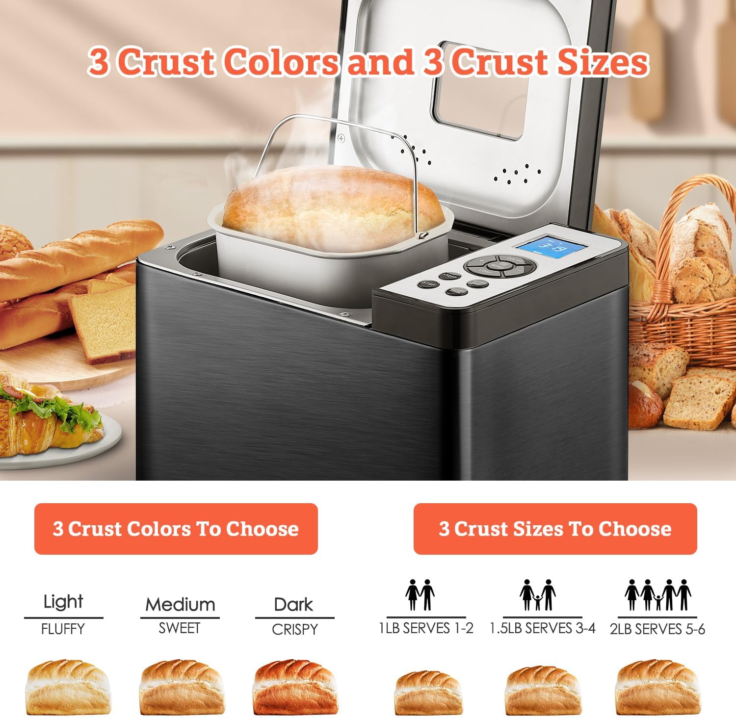 KBS 2LB Bread Maker, 19-in-1 Automatic Stainless Steel Bread Maker with Ceramic Pot, 650W Bread Maker, 3 Loaf Sizes wourant