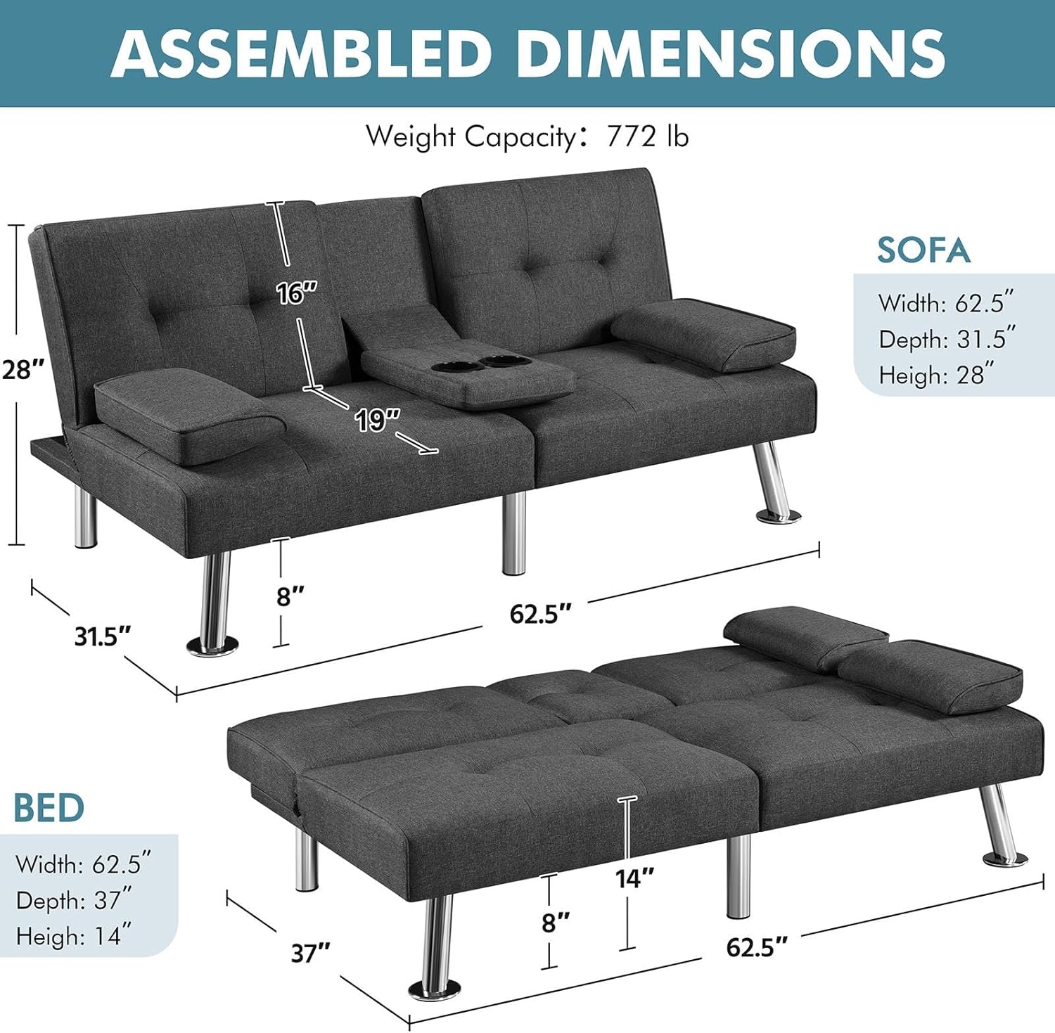Yaheetech Convertible Sofa Bed Adjustable Couch Sleeper Modern Faux Leather Home Recliner Reversible Loveseat Folding Daybed Guest Bed, Removable Armrests, Cup Holders, 3 Angles, 772lb Capacity, Brown wourant
