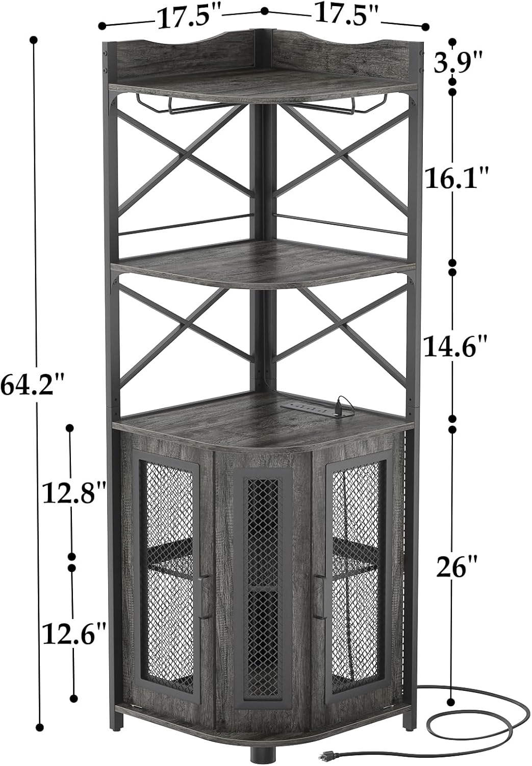Aheaplus Corner Bar Cabinet with Power Outlet, Industrial Wine Cabinet with LED Strip and Glass Holder, 5-Tiers Liquor Cabinet Bar Unit for Home, Corner Display Cabinet for Small Space, White Oak wourant