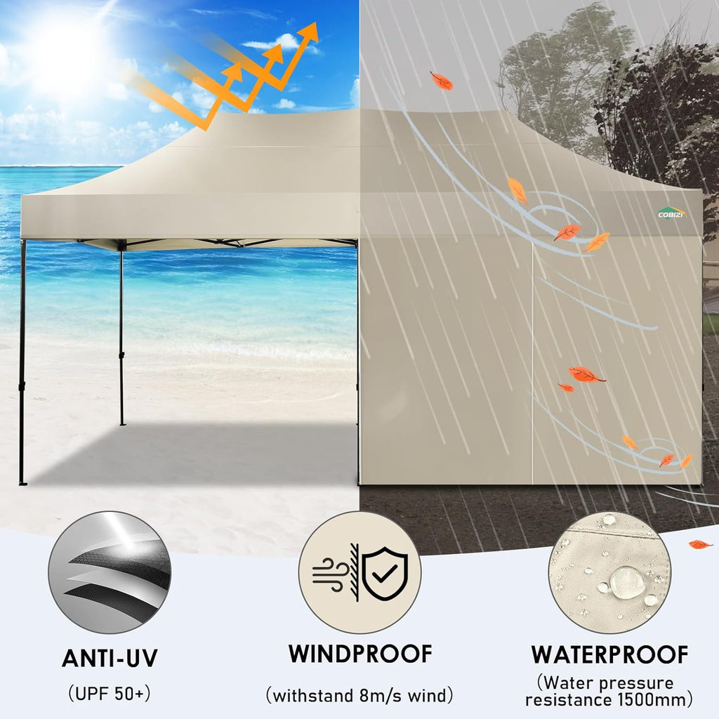 COBIZI 10x20 Heavy Duty Pop up Canopy Tent with 6 sidewalls Easy Up Commercial Outdoor Canopy Wedding Party Tents for Parties All Season Wind & Waterproof Gazebo with Roller Bag,Black(Frame Thickened) wourant