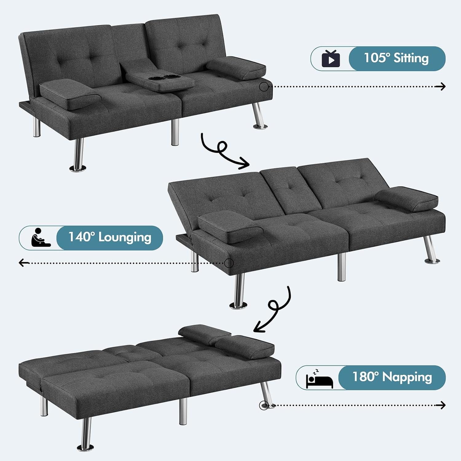 Yaheetech Convertible Sofa Bed Adjustable Couch Sleeper Modern Faux Leather Home Recliner Reversible Loveseat Folding Daybed Guest Bed, Removable Armrests, Cup Holders, 3 Angles, 772lb Capacity, Brown wourant