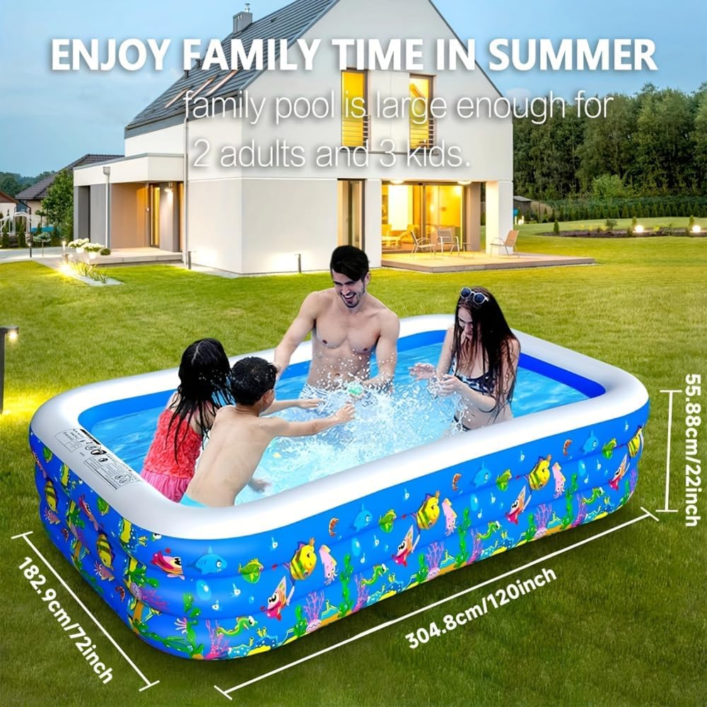 Inflatable Swimming Pool, 120" x 72" x 22" Kiddie Pools, Family Lounge Pools Thickened Above Ground Family Pool for Summer Water Party, Backyard, Garden Lawn, Blue wourant