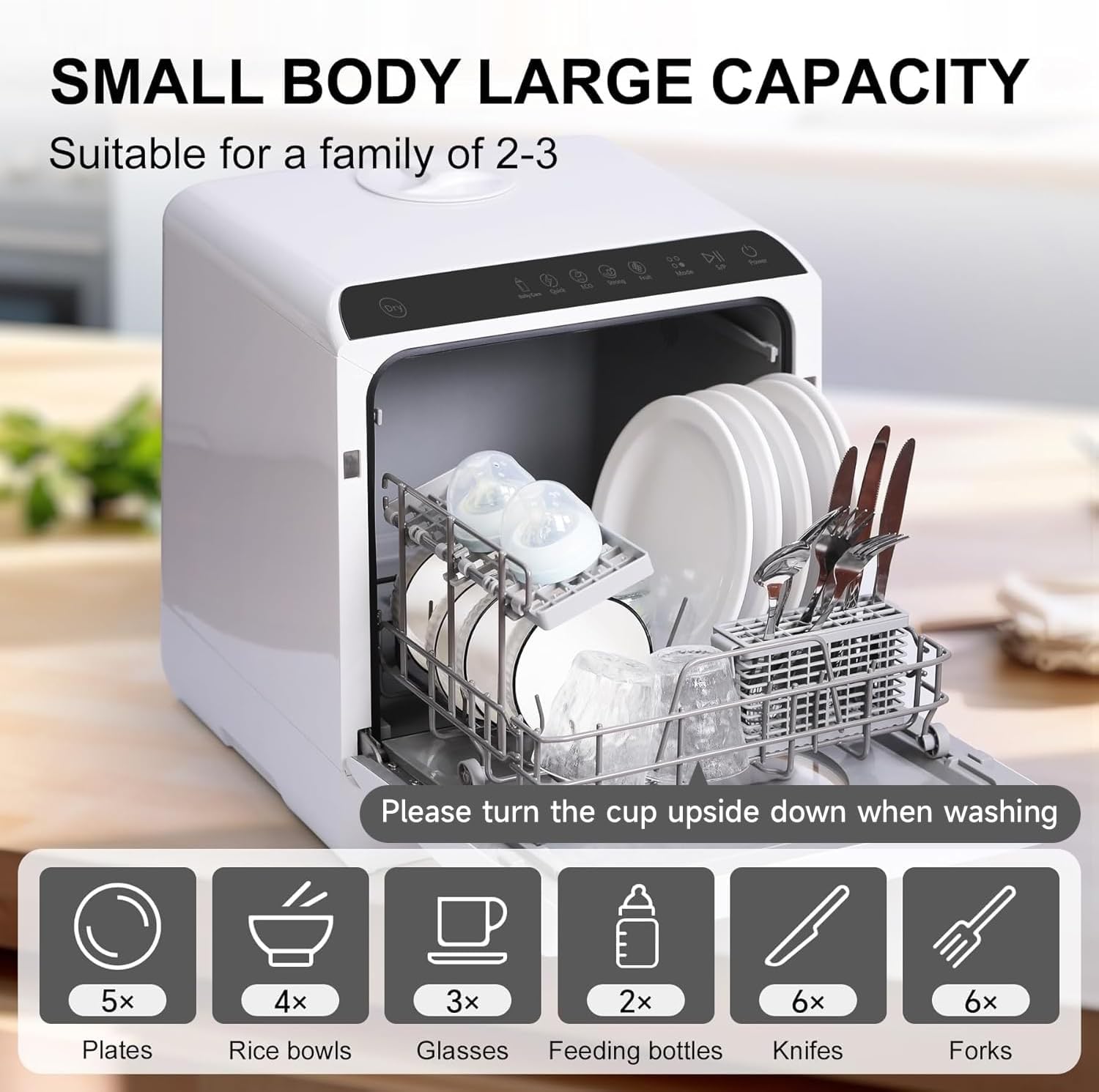 Mini countertop dishwasher. Compact dishwasher with drying function. Double spray arms. Portable countertop dishwasher wourant