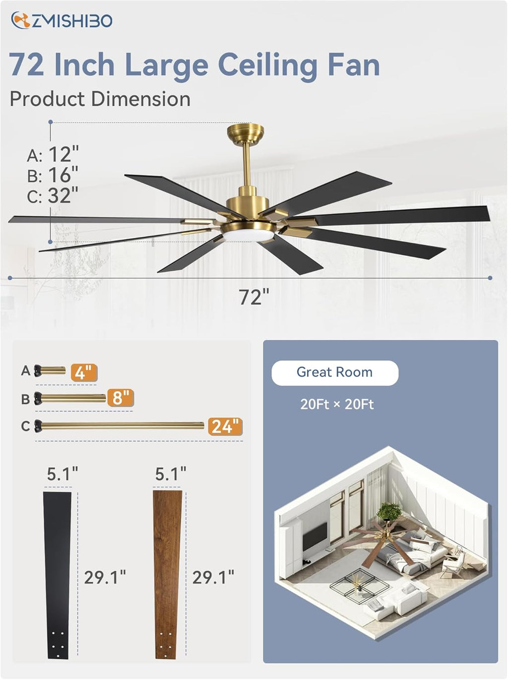 ZMISHIBO 72 inch Large Ceiling Fans with Lights and Remote, Indoor/Outdoor Black Modern Ceiling Fan for Kitchen Living Room Patio, 6 Speed Reversible Quiet DC Motor, 3 CCT, Dual Finish 8 Blades wourant
