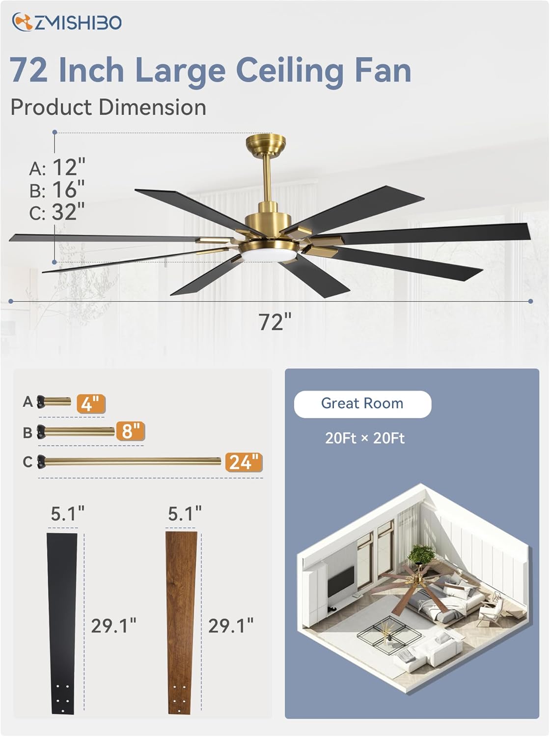 ZMISHIBO 72 inch Large Ceiling Fans with Lights and Remote, Indoor/Outdoor Black Modern Ceiling Fan for Kitchen Living Room Patio, 6 Speed Reversible Quiet DC Motor, 3 CCT, Dual Finish 8 Blades wourant
