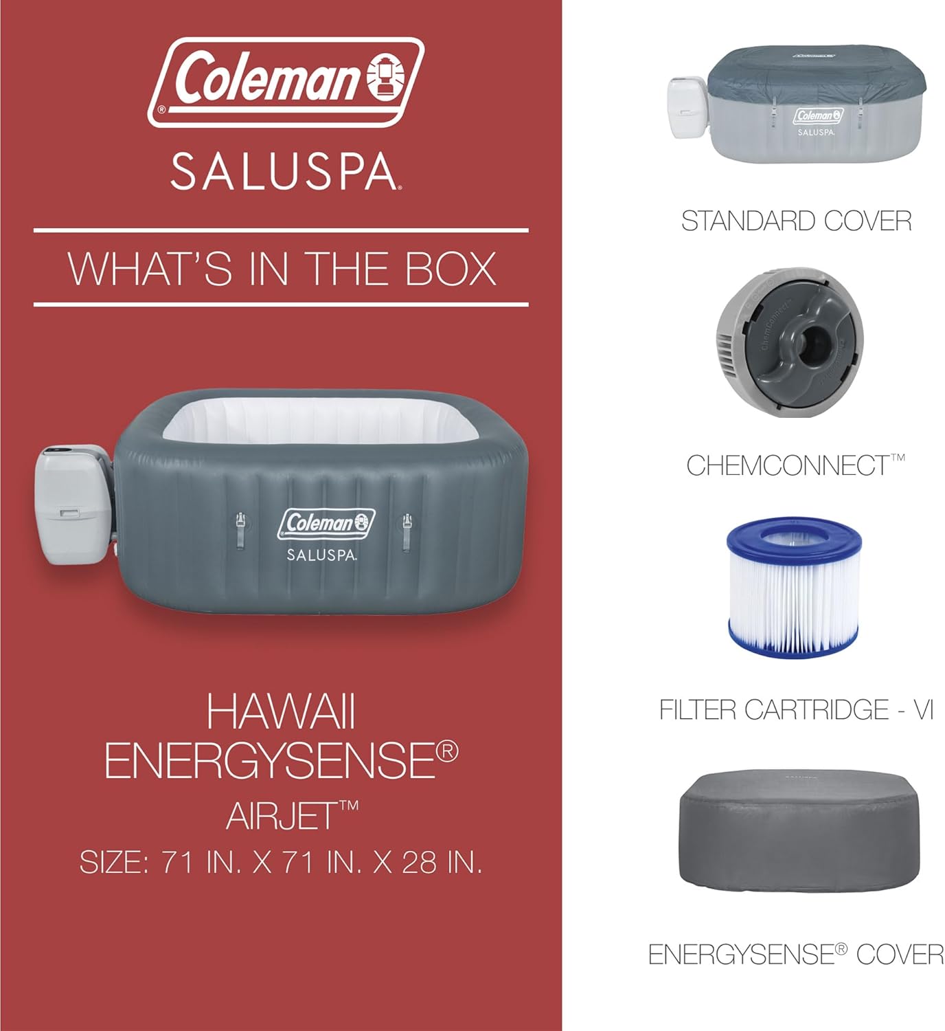 Coleman SaluSpa Atlantis AirJet 4 to 6 Person Inflatable Hot Tub Square Portable Outdoor Spa with 140 Soothing Jets with Cover, Blue wourant