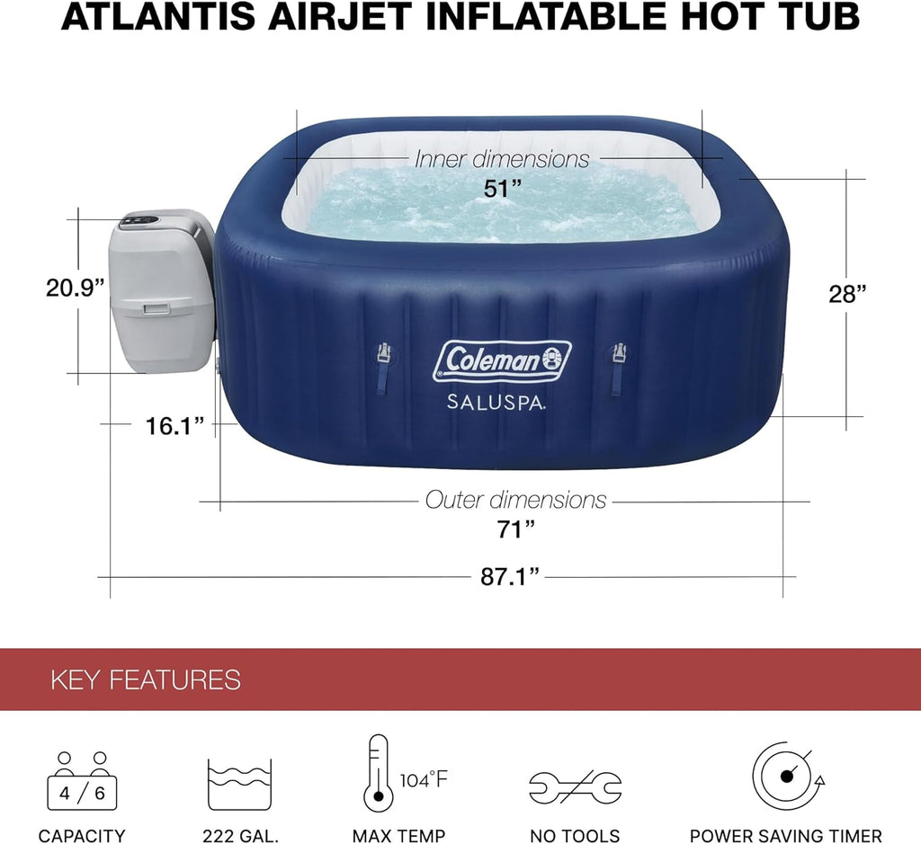 Coleman SaluSpa Atlantis AirJet 4 to 6 Person Inflatable Hot Tub Square Portable Outdoor Spa with 140 Soothing Jets with Cover, Blue wourant