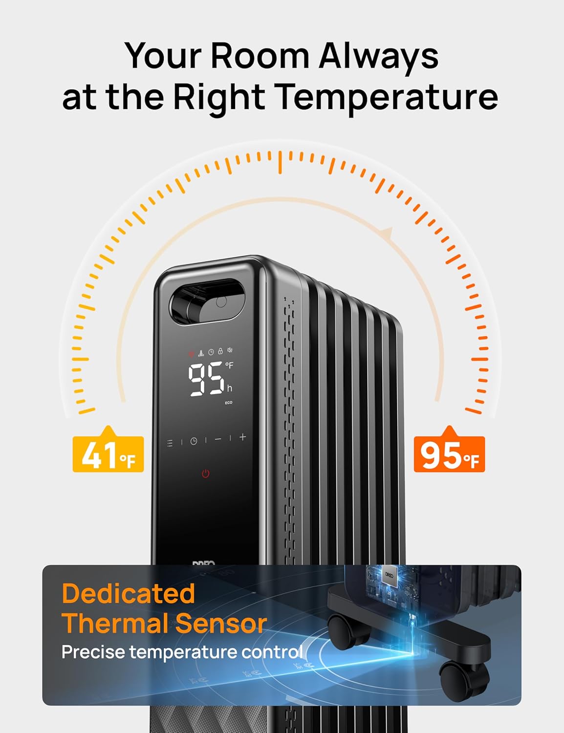 Indoor electric radiant heater with overheat and tip-over protection, digital thermostat, oil-filled radiator wourant