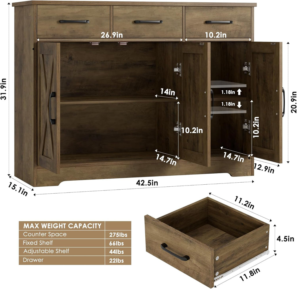 Modern farmhouse sideboard, barn door buffet storage cabinet with drawers and shelves, wooden coffee bar with storage wourant