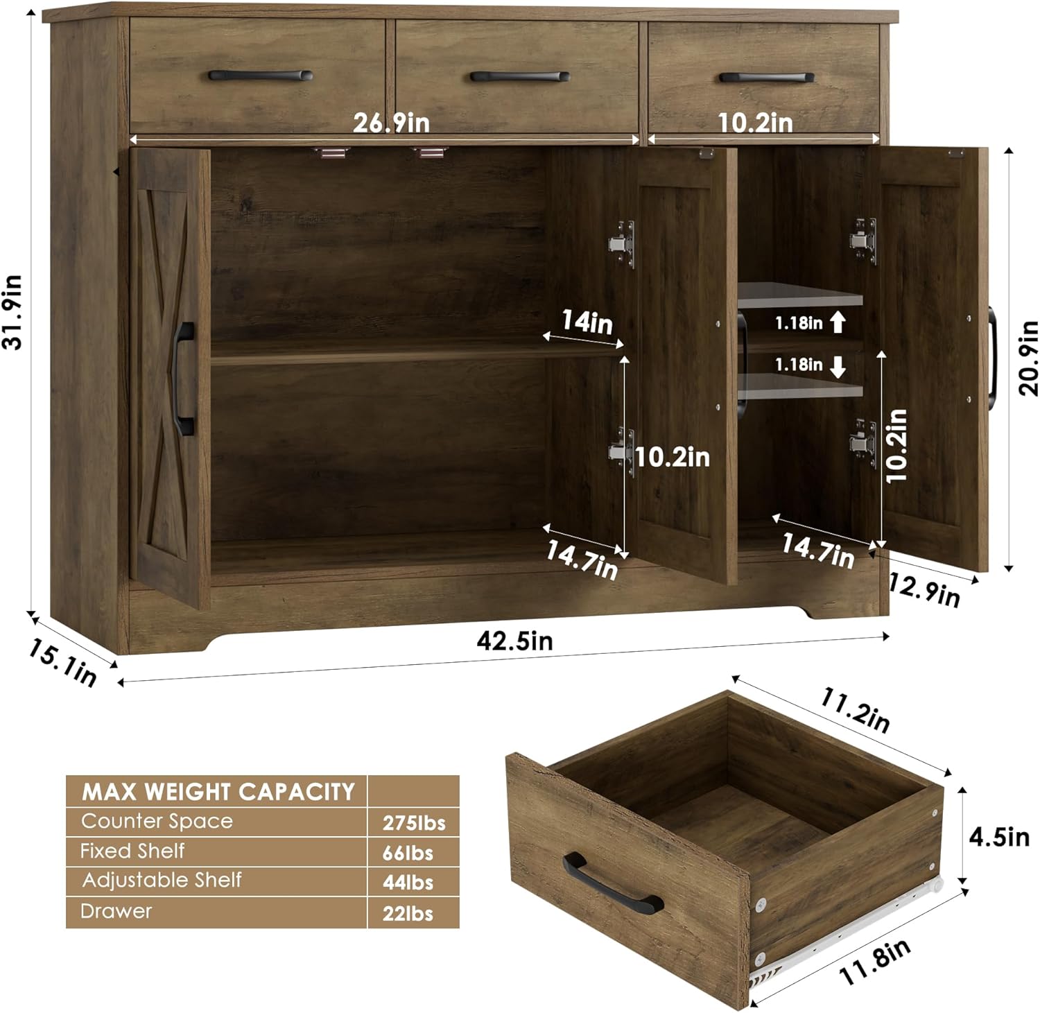 Modern farmhouse sideboard, barn door buffet storage cabinet with drawers and shelves, wooden coffee bar with storage wourant