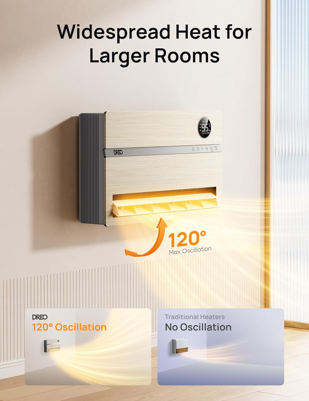 Smart wall mounted heater, bedroom electric heater, 1500W adjustable thermostat 24-hour timer easy to install indoor heater wourant