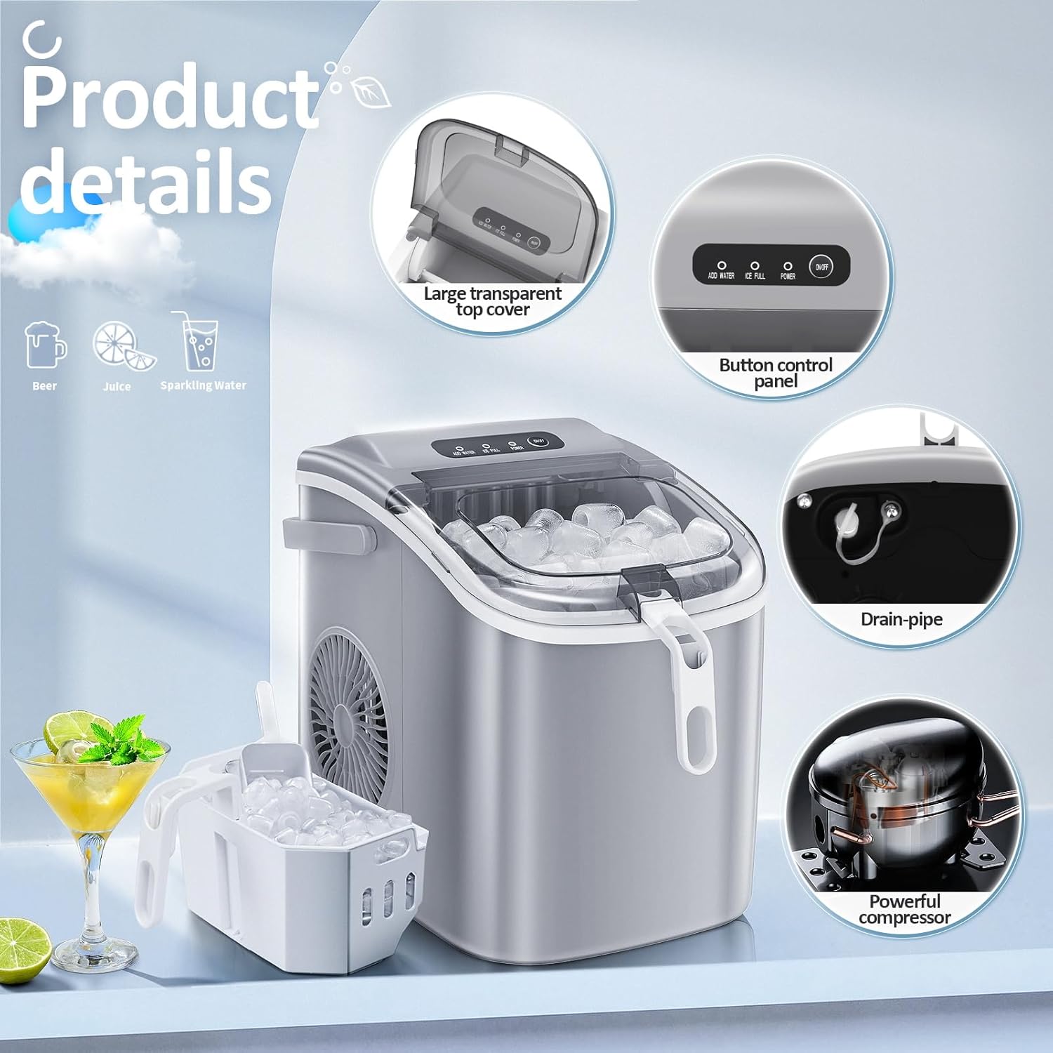 Nugget Ice Makers Countertop, Pebble Ice Machine with Chewable Pellet Ice, 34Lbs/24H, Self-Cleaning, Sonic Ice, One-Click Operation, for Kitchen,Office Stainless Steel Silver wourant