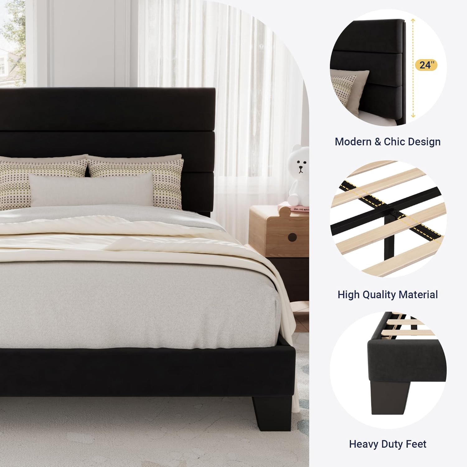 Allewie Queen Size Platform Bed Frame Fabric Upholstered Headboard Wooden Slats Support wourant