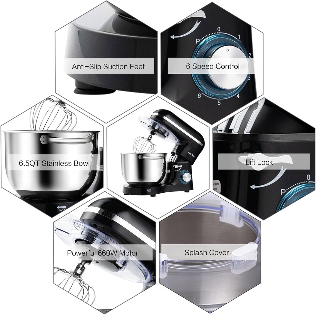 Aucma Stand Mixer,6.5-QT 660W 6-Speed Tilt-Head Food Mixer, Kitchen Electric Mixer with Dough Hook wourant
