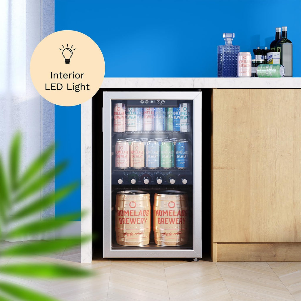 hOmeLabs Beverage Refrigerator and Cooler - Mini Fridge with Glass Door for Soda Beer or Wine - 120 Cans Capacity - Small Drink Dispenser Machine for Office or Bar with Adjustable Removable Shelves wourant