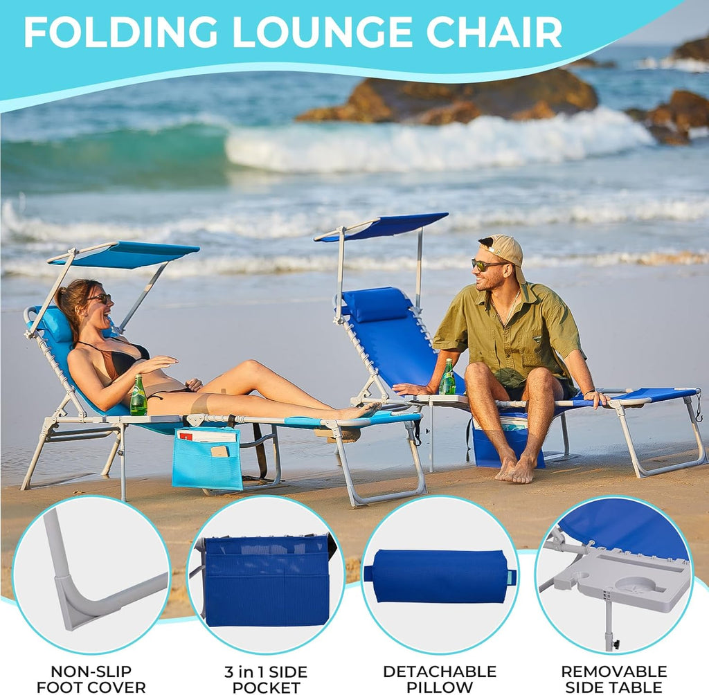 2 Pack Outdoor Chaise Lounge Chair - Portable Folding Patio Pool Lounge Chair, 5 Positions Adjustable Reclining Camping Chair with Side Table,Shoulder Strap, Pillow for Beach Sunbathing Lawn wourant