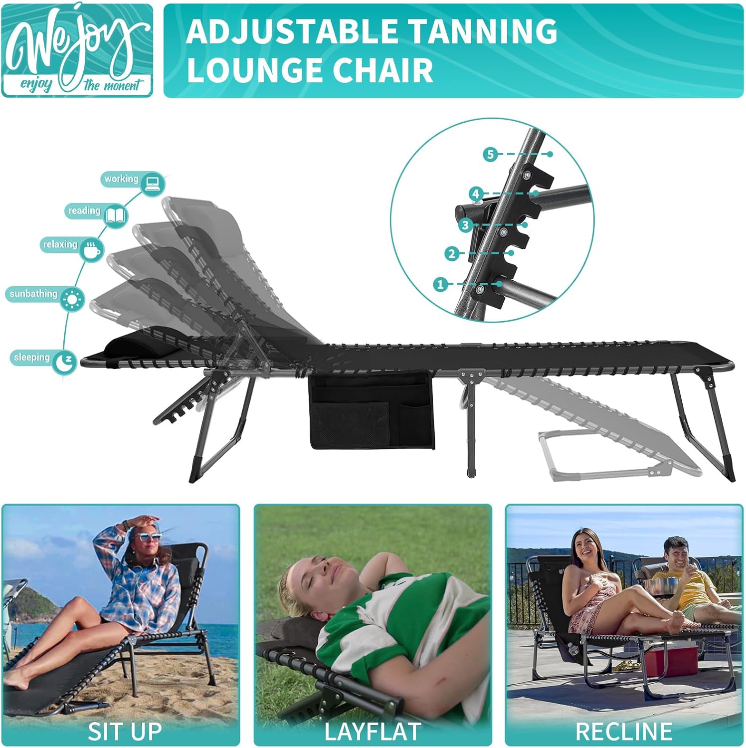 2 Pack Outdoor Chaise Lounge Chair - Portable Folding Patio Pool Lounge Chair, 5 Positions Adjustable Reclining Camping Chair with Side Table,Shoulder Strap, Pillow for Beach Sunbathing Lawn wourant
