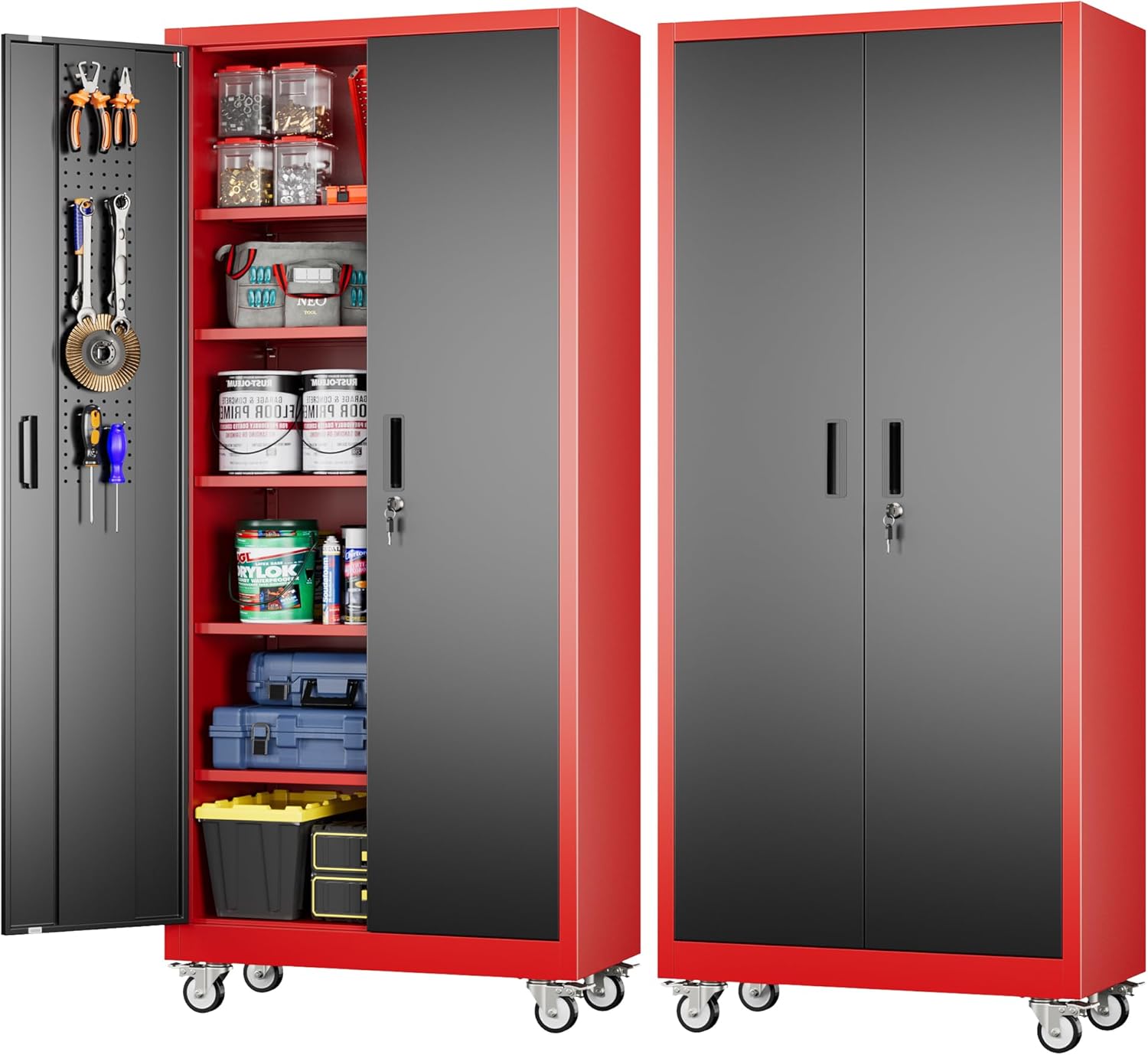 Metal Storage Cabinet with Pegboard 71'' x 34'' x 18'',Lockable Steel Storage Cabinet with 5 Adjustable Shelves and Door for Garage, Office, Kitchen, Assembly Required(Black) wourant