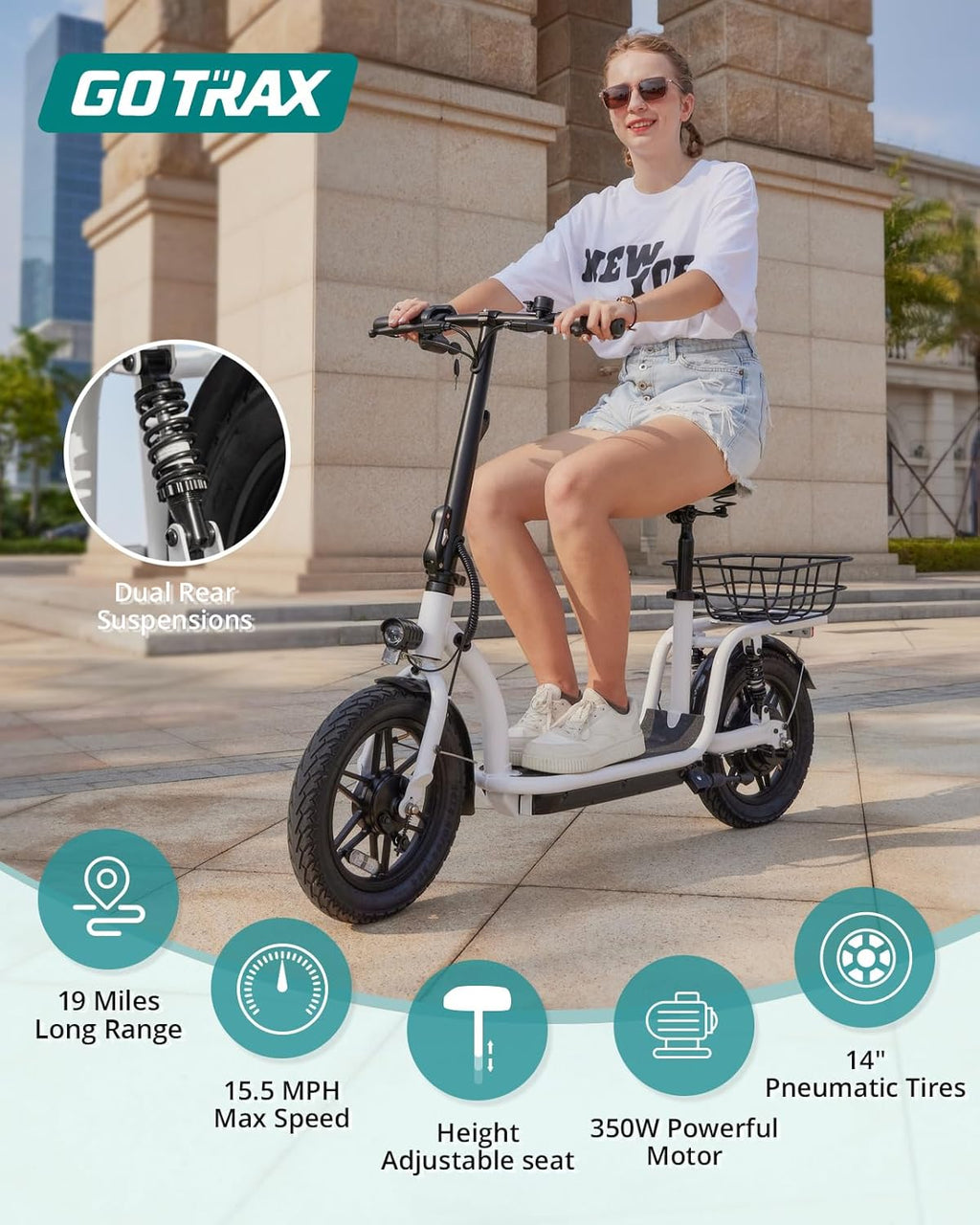 Gotrax adult electric scooter with seat, maximum range of 19-25 miles, all-terrain tires, wide pedals, padded seat, and carrycot wourant
