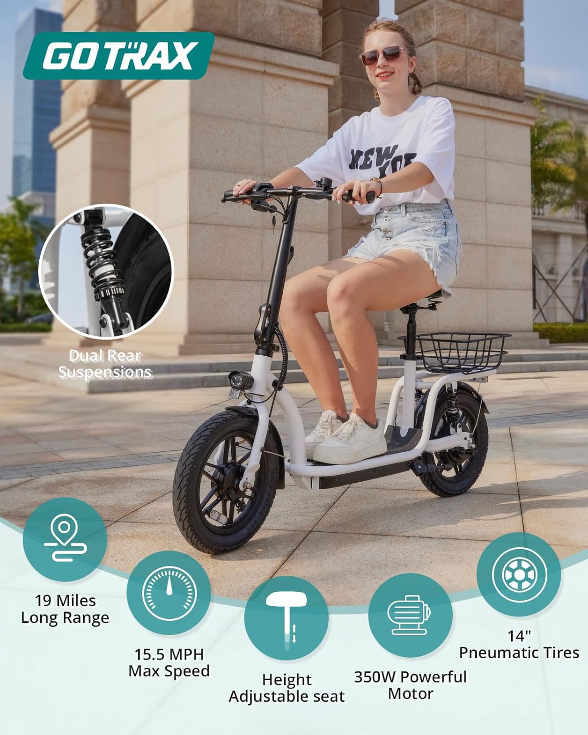Gotrax adult electric scooter with seat, maximum range of 19-25 miles, all-terrain tires, wide pedals, padded seat, and carrycot wourant