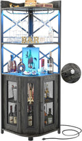 Corner bar cabinet with power socket, industrial style wine cabinet with LED light strip and glass rack, home five-layer wine cabinet bar unit, small space corner display cabinet wourant